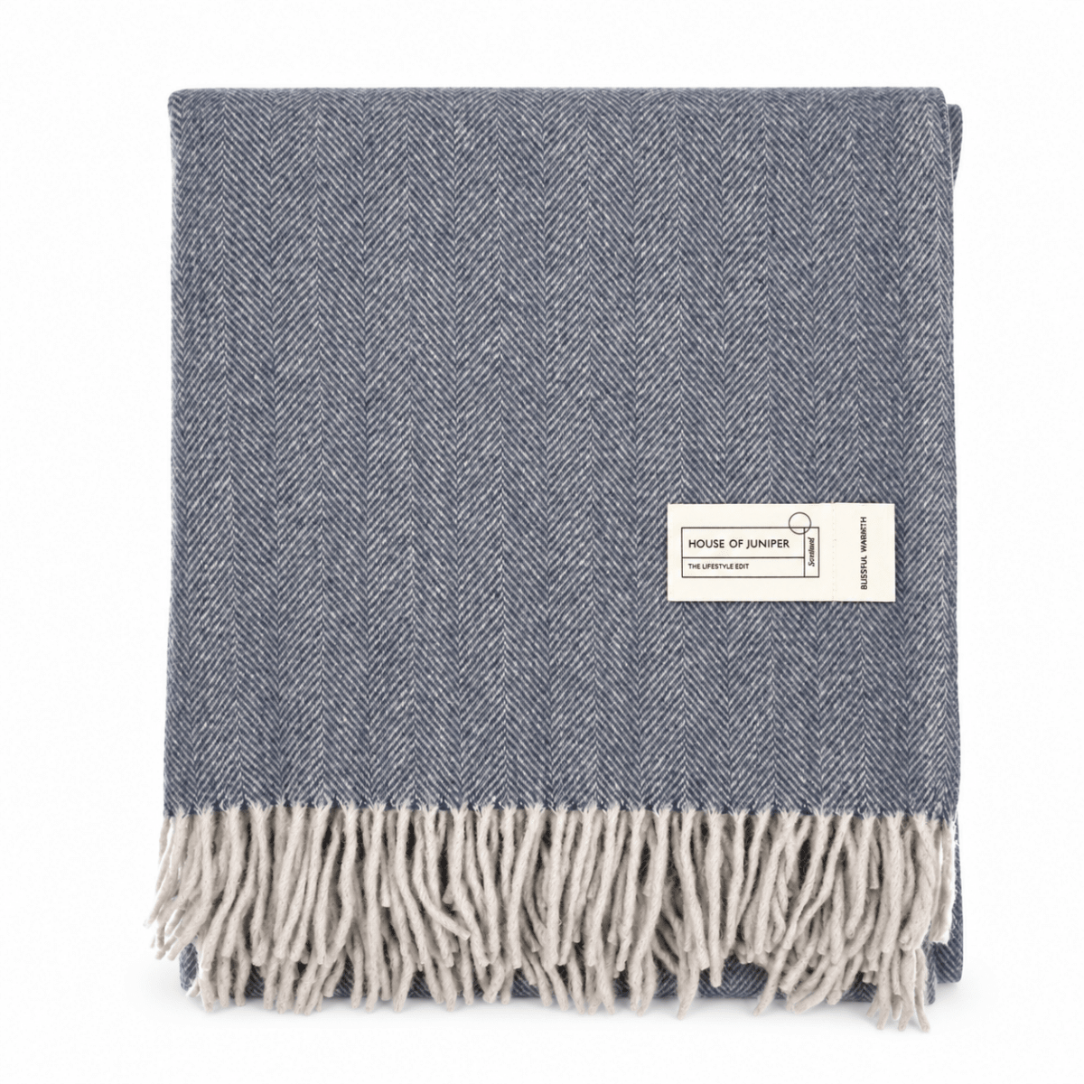 Recycled Wool Herringbone Blanket with Fringe - Soft Warm Throw - DENIM - Heritage Of Scotland -