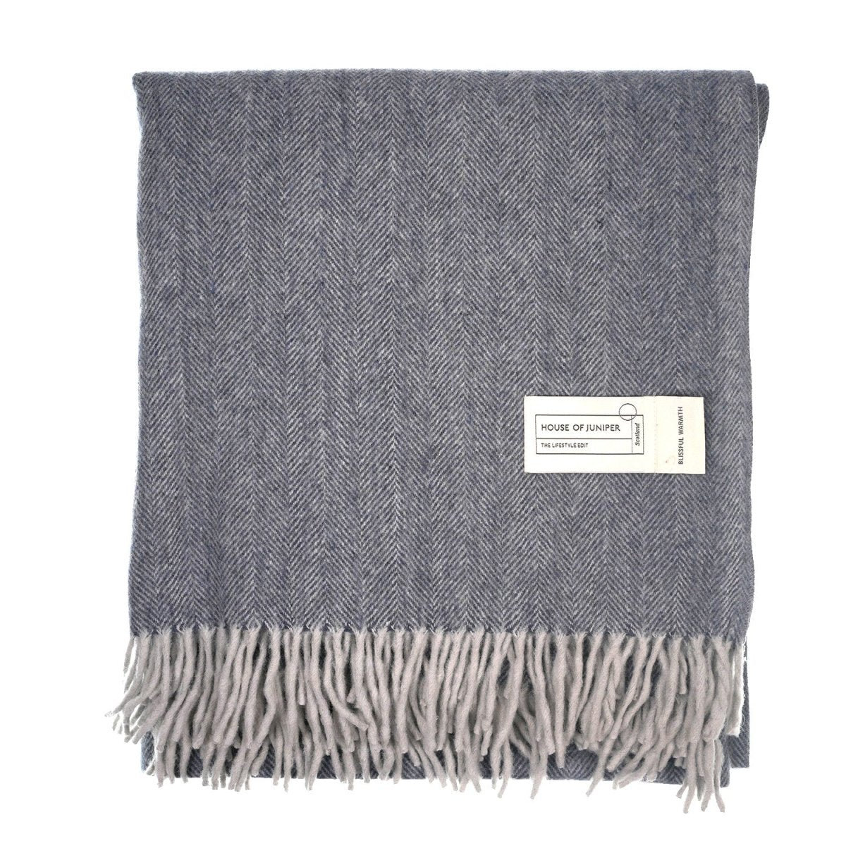 Recycled Wool Herringbone Blanket with Fringe - Soft Warm Throw - DENIM - Heritage Of Scotland -