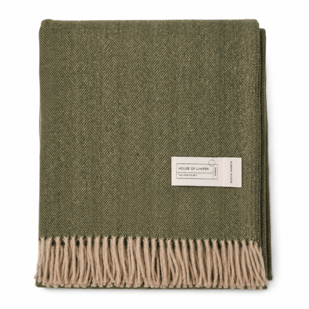 Recycled Wool Herringbone Blanket with Fringe - Soft Warm Throw - OLIVE - Heritage Of Scotland -