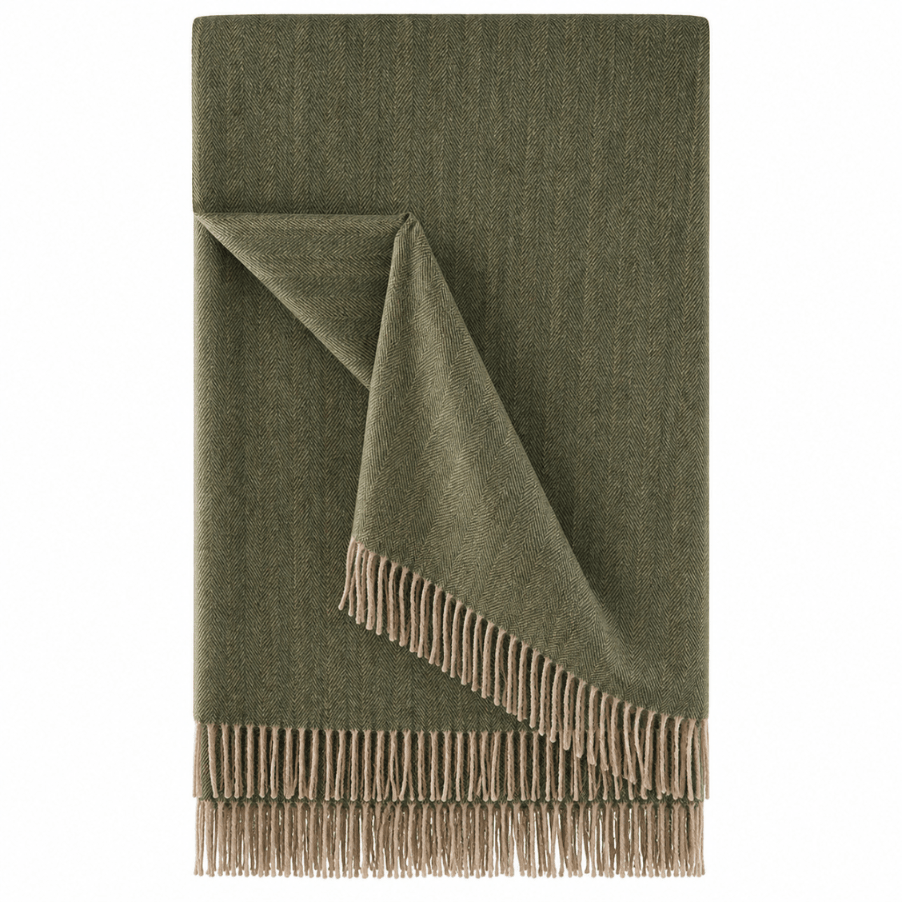 Recycled Wool Herringbone Blanket with Fringe - Soft Warm Throw - OLIVE - Heritage Of Scotland -
