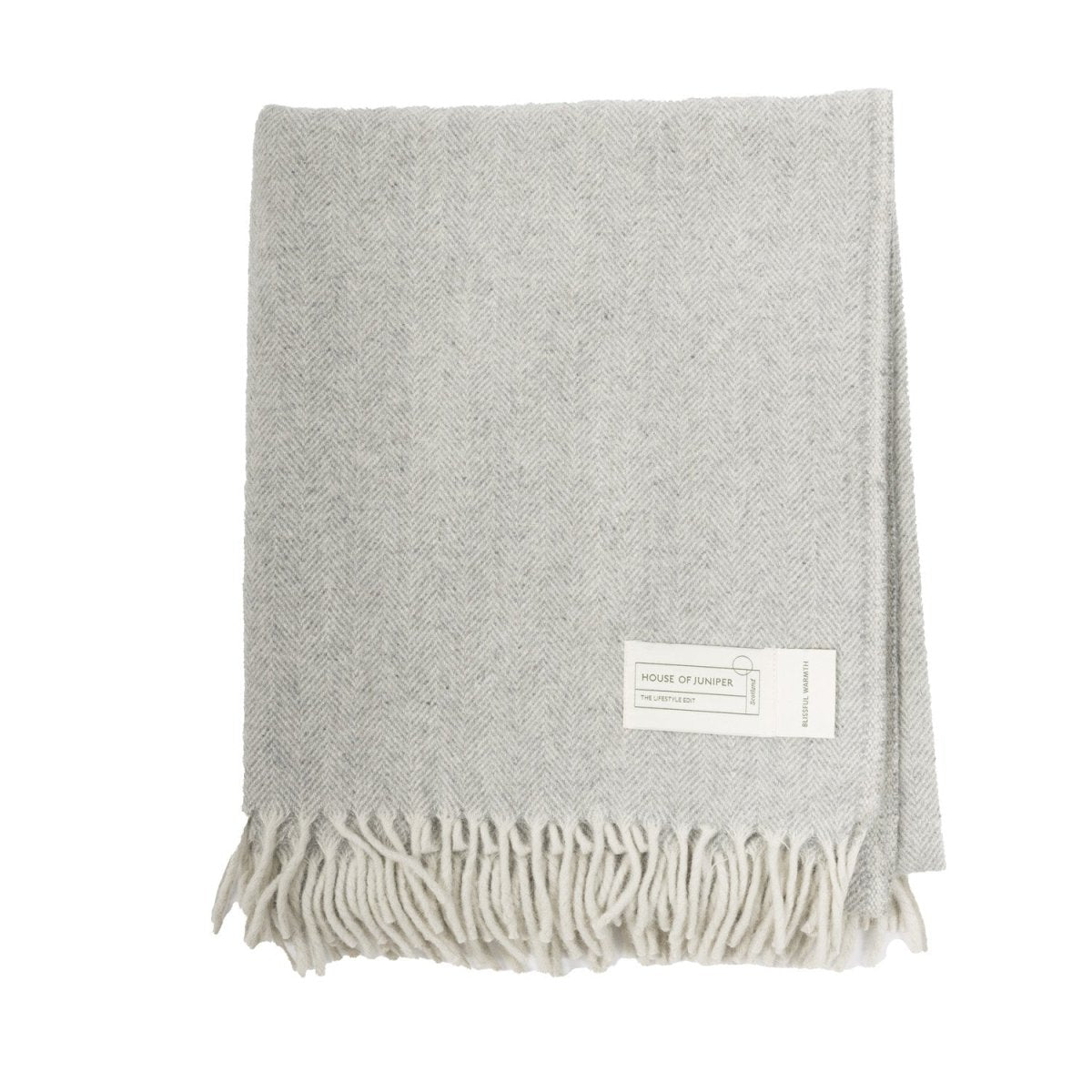 Recycled Wool Herringbone Blanket with Fringe - Soft Warm Throw - OYSTER GREY - Heritage Of Scotland -
