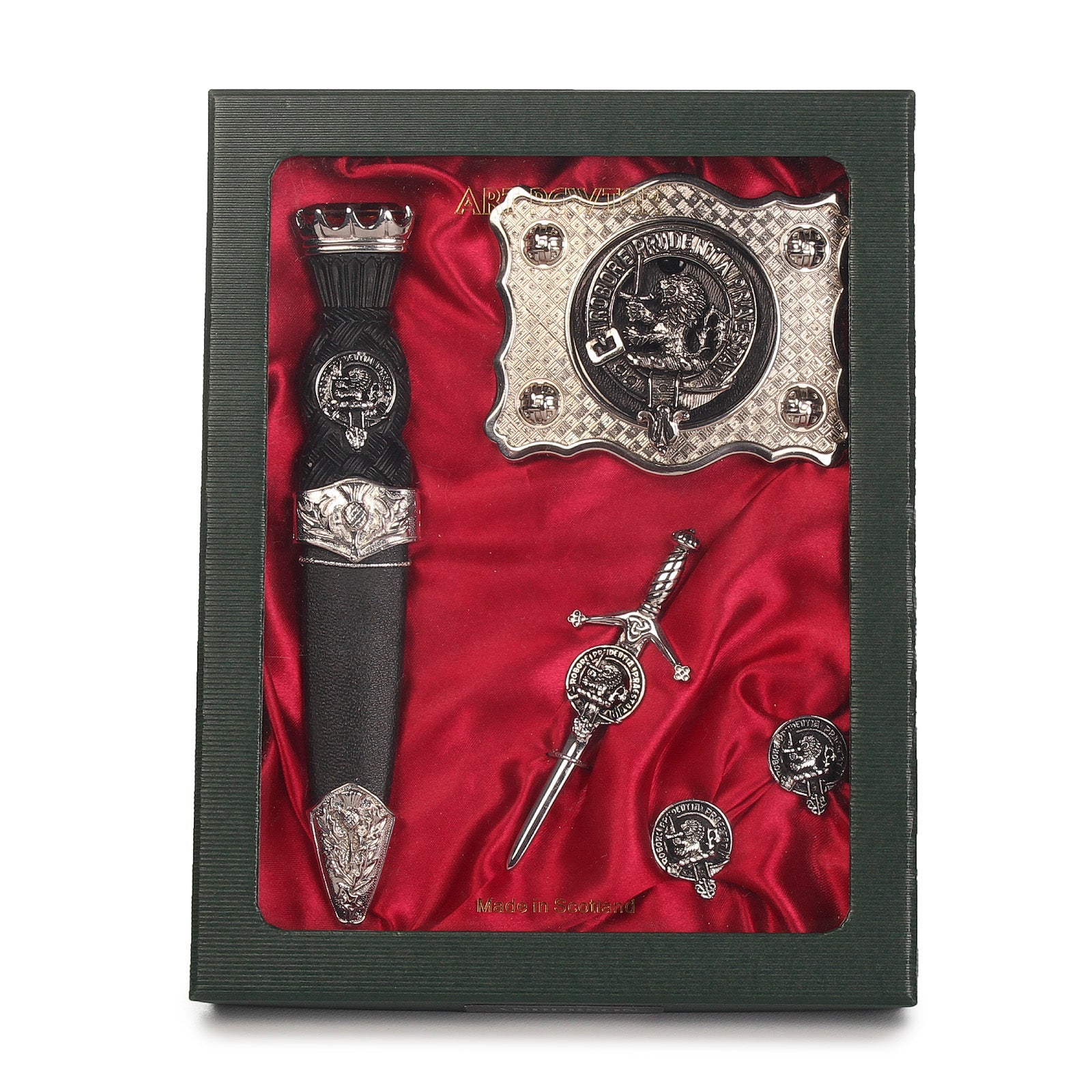 Scots Piper Clan Badge, Kilt Pin, Lapel Pin, Cufflinks, Keyring/Key Fob & Gift Set — Fine Pewter by Art Pewter — Made in Scotland (Shiny Finish) - Heritage Of Scotland - Gift Set