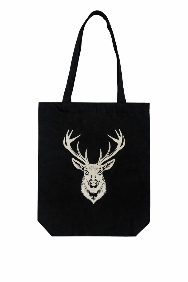 Scottish Stag Tote Bag – Black Cotton Reusable Shopping & Everyday Bag - Heritage Of Scotland -