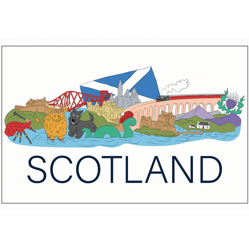 Scottish Tea Towels – 100% Cotton | Coo, Nessie, Stag, Map & More (45x70cm) - Heritage Of Scotland - Scotland Collage
