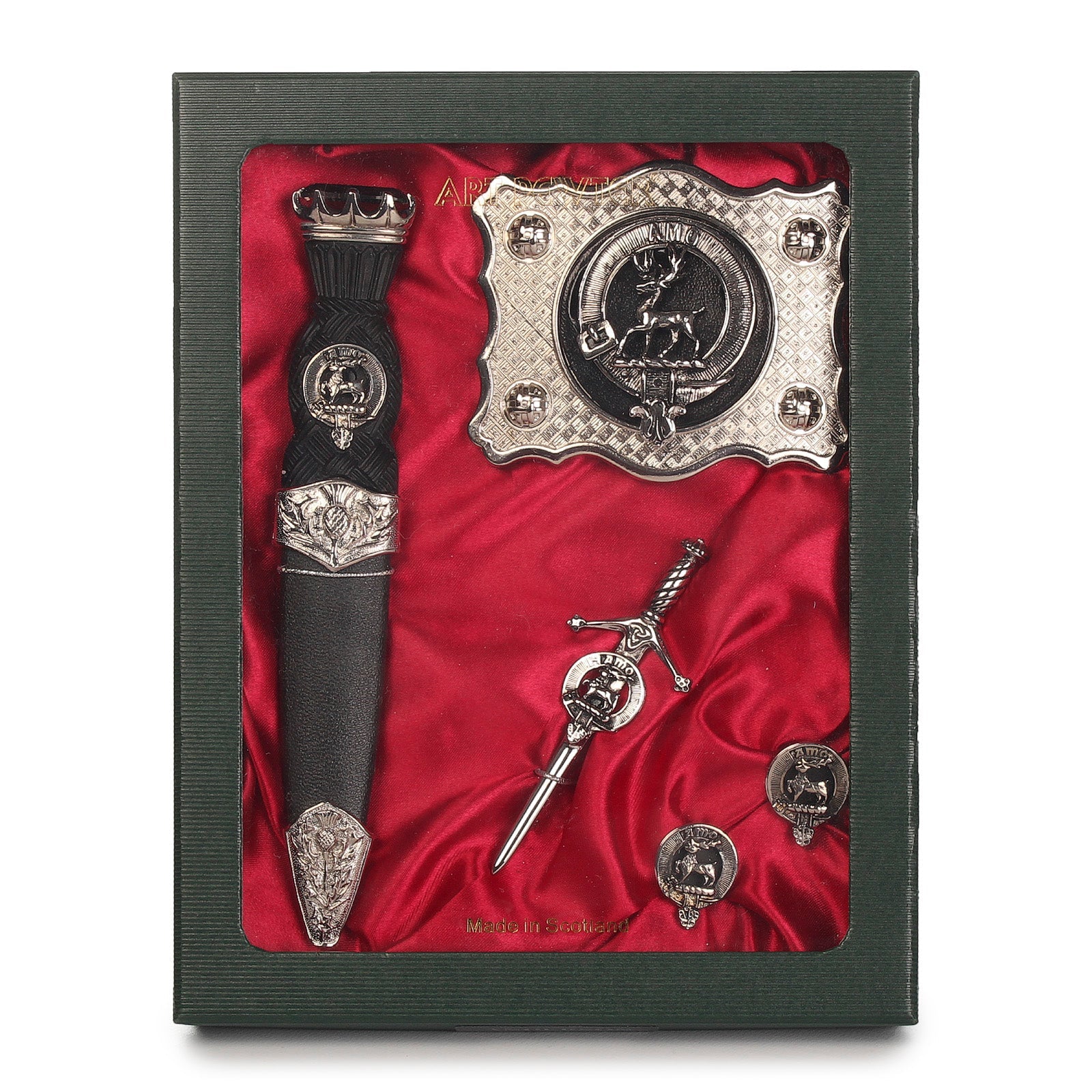 Shaw Clan Badge, Kilt Pin, Lapel Pin, Cufflinks, Keyring/Key Fob & Gift Set — Fine Pewter by Art Pewter — Made in Scotland (Shiny Finish) - Heritage Of Scotland - Gift Set