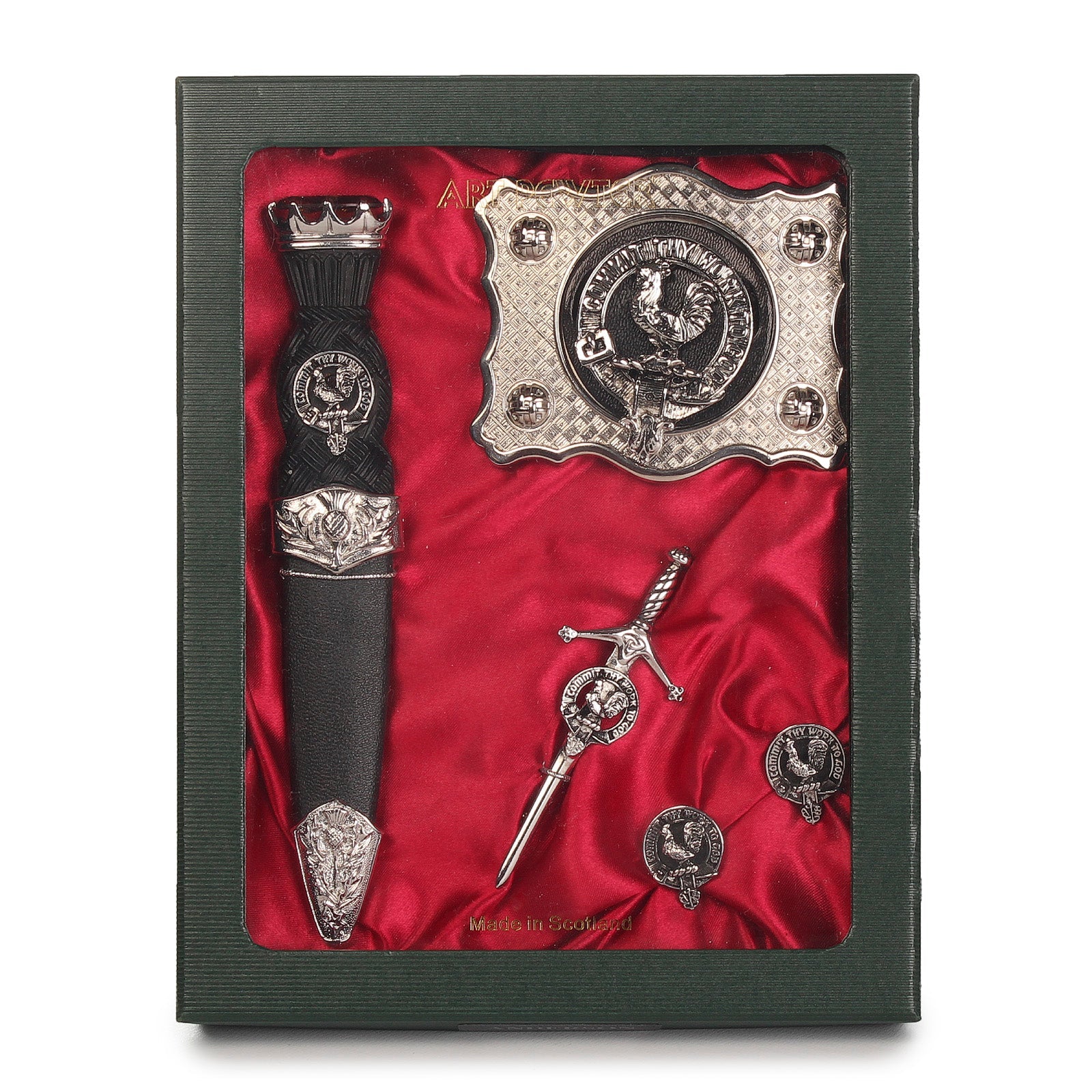 Sinclair Clan Badge, Kilt Pin, Lapel Pin, Cufflinks, Keyring/Key Fob & Gift Set — Fine Pewter by Art Pewter — Made in Scotland (Shiny Finish) - Heritage Of Scotland - Gift Set