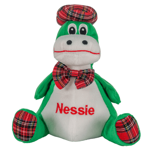 Sitting Nessie Plush – 23cm Soft Toy with Tartan Bow, Feet & Hat - Heritage Of Scotland - 23cm