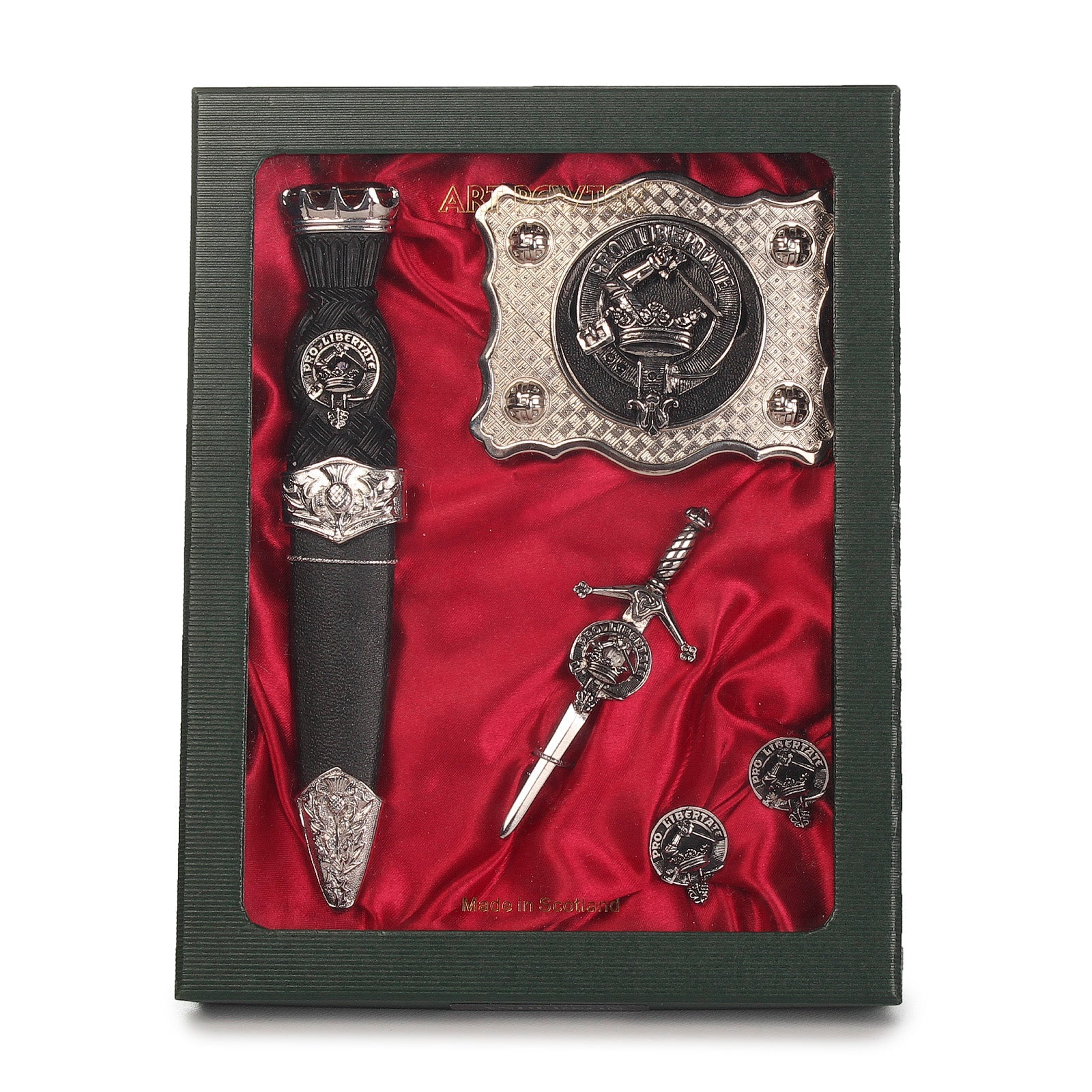 Wallace Clan Badge, Kilt Pin, Lapel Pin, Cufflinks, Keyring/Key Fob & Gift Set — Fine Pewter by Art Pewter — Made in Scotland (Shiny Finish) - Heritage Of Scotland - Gift Set