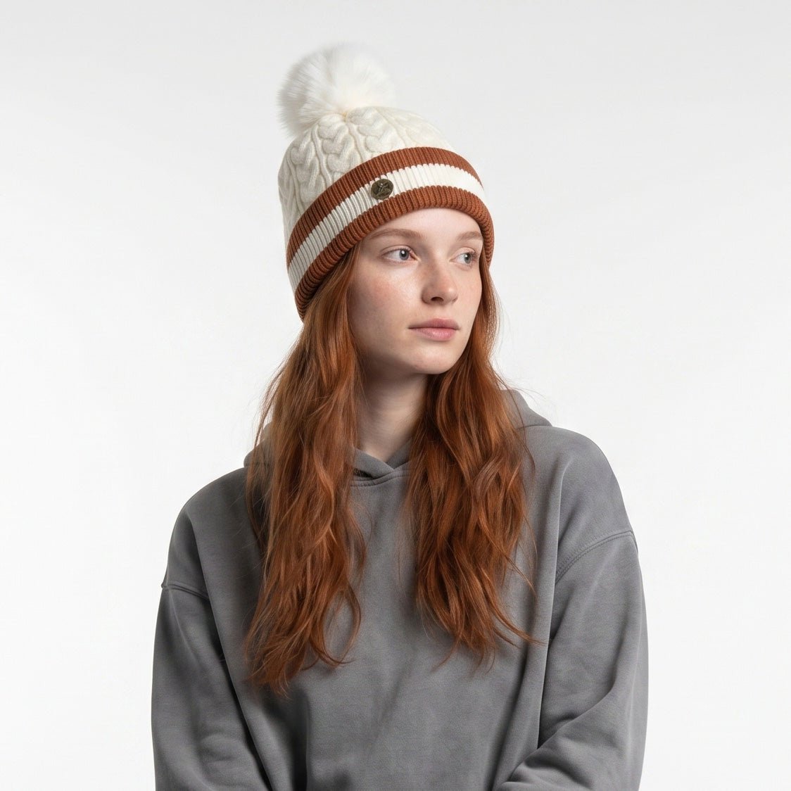 Woman's Knit Hat with Pom Pom and Fleece Lining - Banded and White - Heritage Of Scotland -