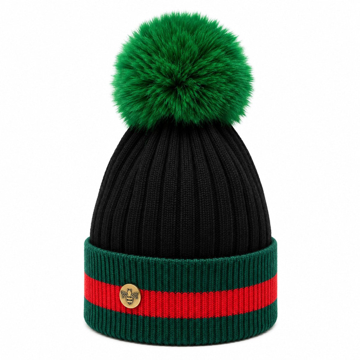 Woman's Knit Hat with Pom Pom and Fleece Lining - Black and Green - Heritage Of Scotland -