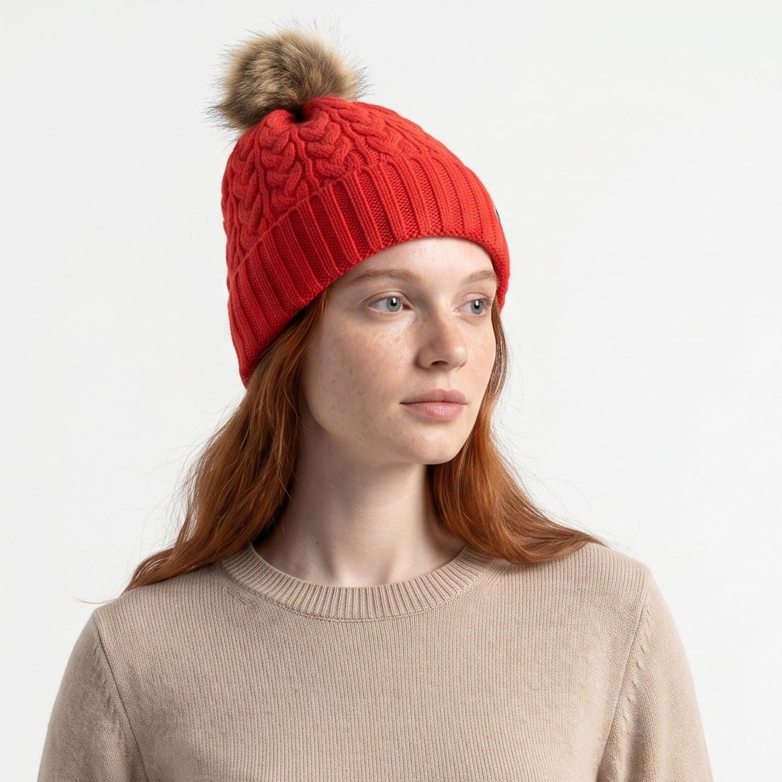 Woman's Knit Hat with Pom Pom and Fleece Lining - Ferrari Red and Brown - Heritage Of Scotland -