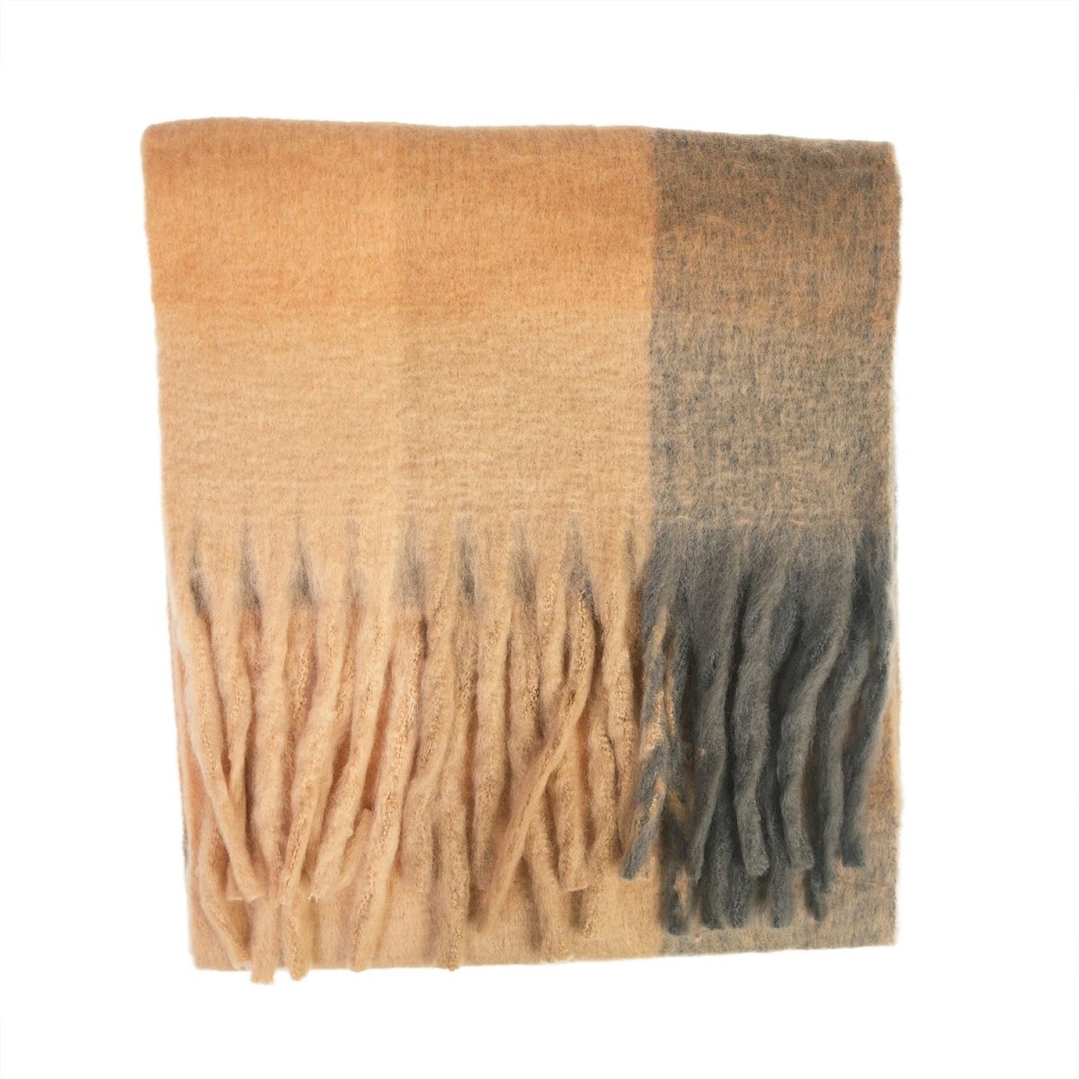 Women’s Soft Check Scarf – Oversized Plaid Winter Wrap with Tassel Fringe - Camel Check - Heritage Of Scotland -