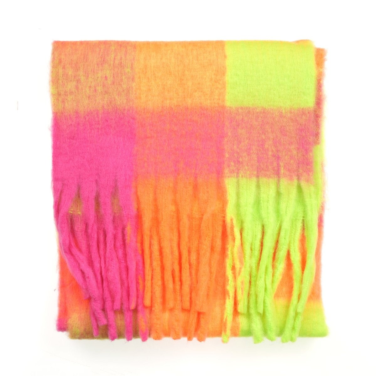 Women’s Soft Check Scarf – Oversized Plaid Winter Wrap with Tassel Fringe - Neon Check - Heritage Of Scotland -