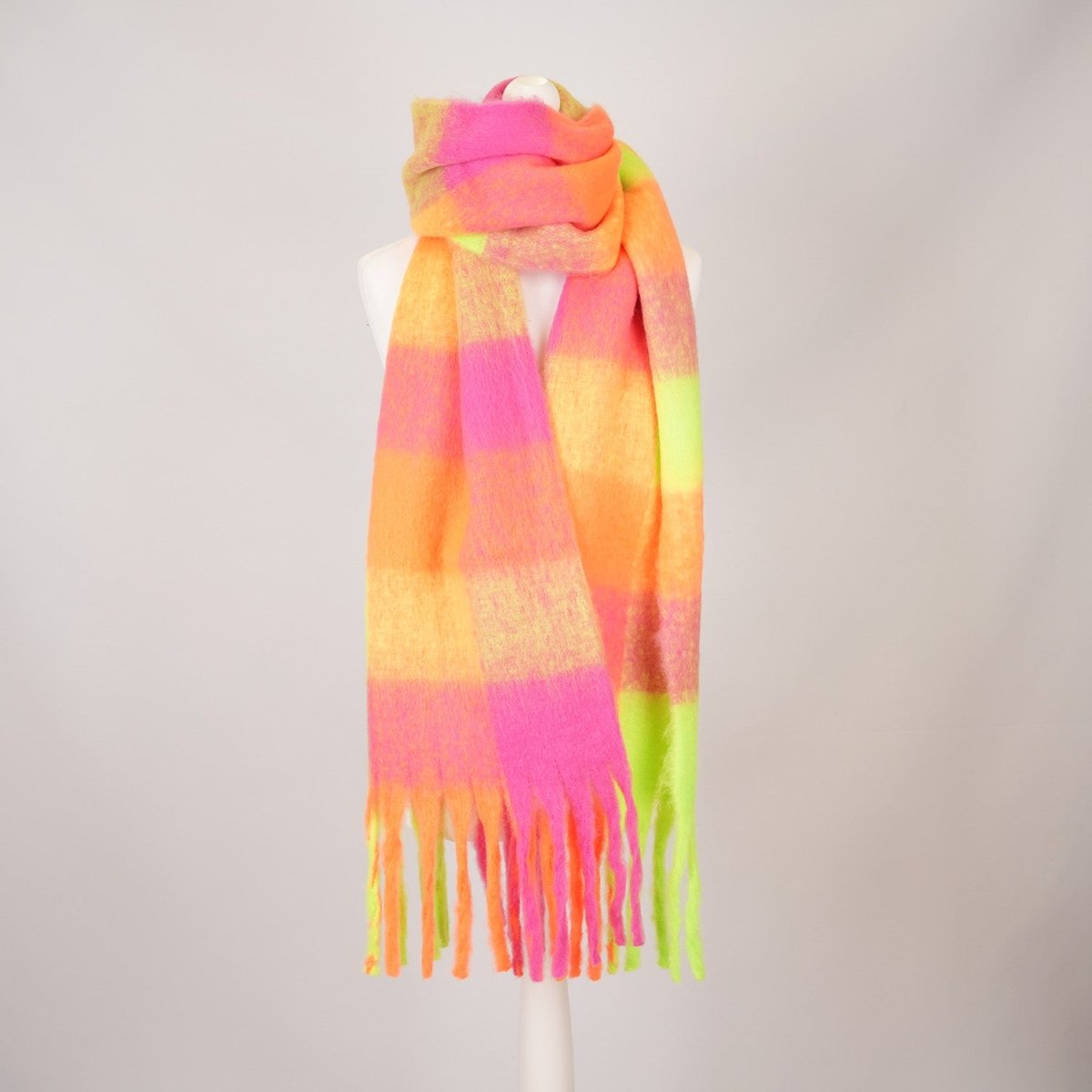 Women’s Soft Check Scarf – Oversized Plaid Winter Wrap with Tassel Fringe - Neon Check - Heritage Of Scotland -