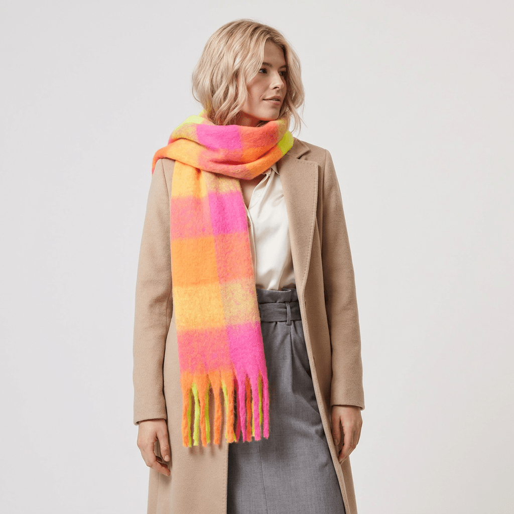 Women’s Soft Check Scarf – Oversized Plaid Winter Wrap with Tassel Fringe - Neon Check - Heritage Of Scotland -