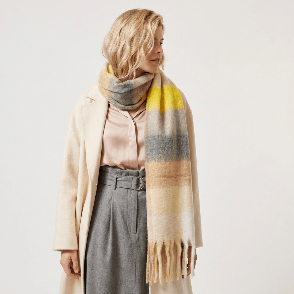 Women’s Soft Check Scarf – Oversized Plaid Winter Wrap with Tassel Fringe - Orche Check - Heritage Of Scotland -