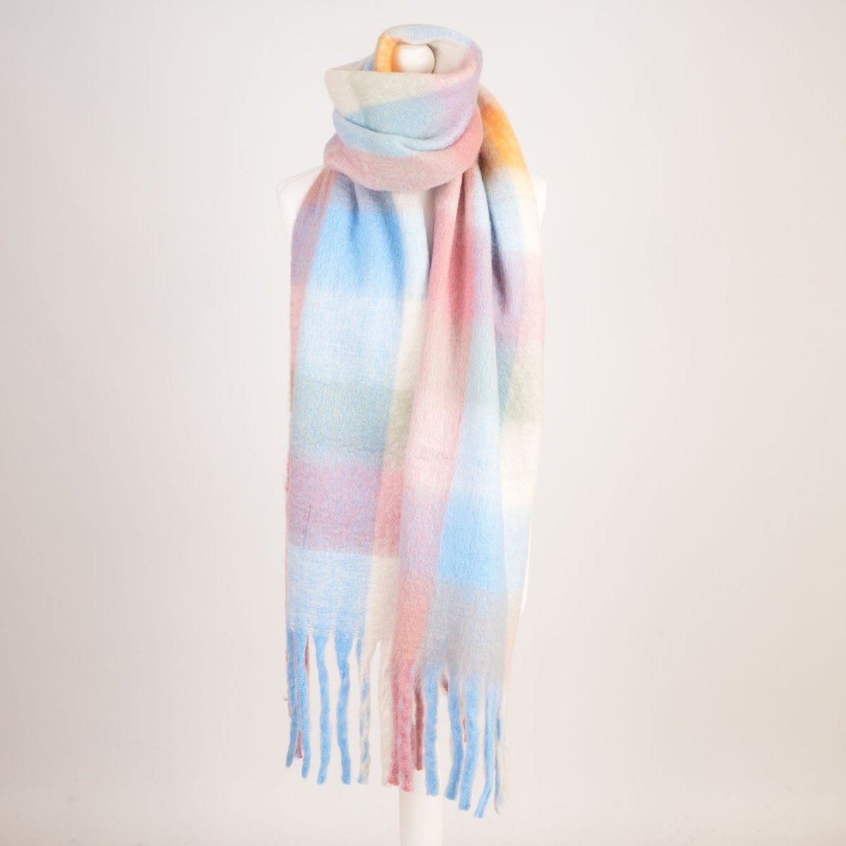 Women’s Soft Check Scarf – Oversized Plaid Winter Wrap with Tassel Fringe - Pastel Check - Heritage Of Scotland -
