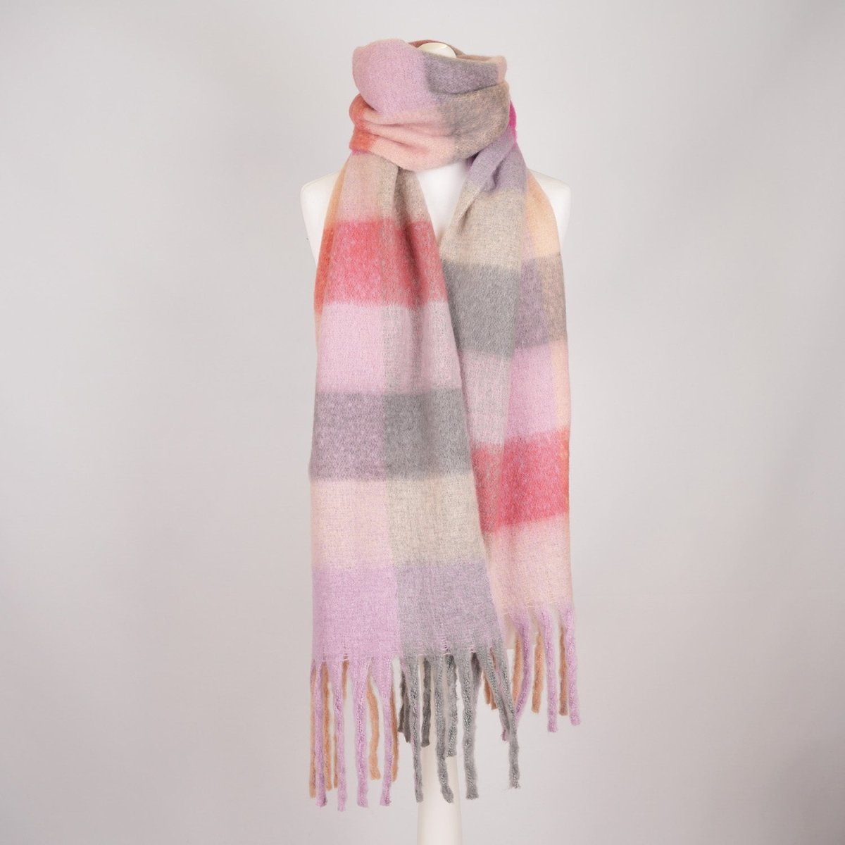Women’s Soft Check Scarf – Oversized Plaid Winter Wrap with Tassel Fringe - Pink/ Grey Check - Heritage Of Scotland -