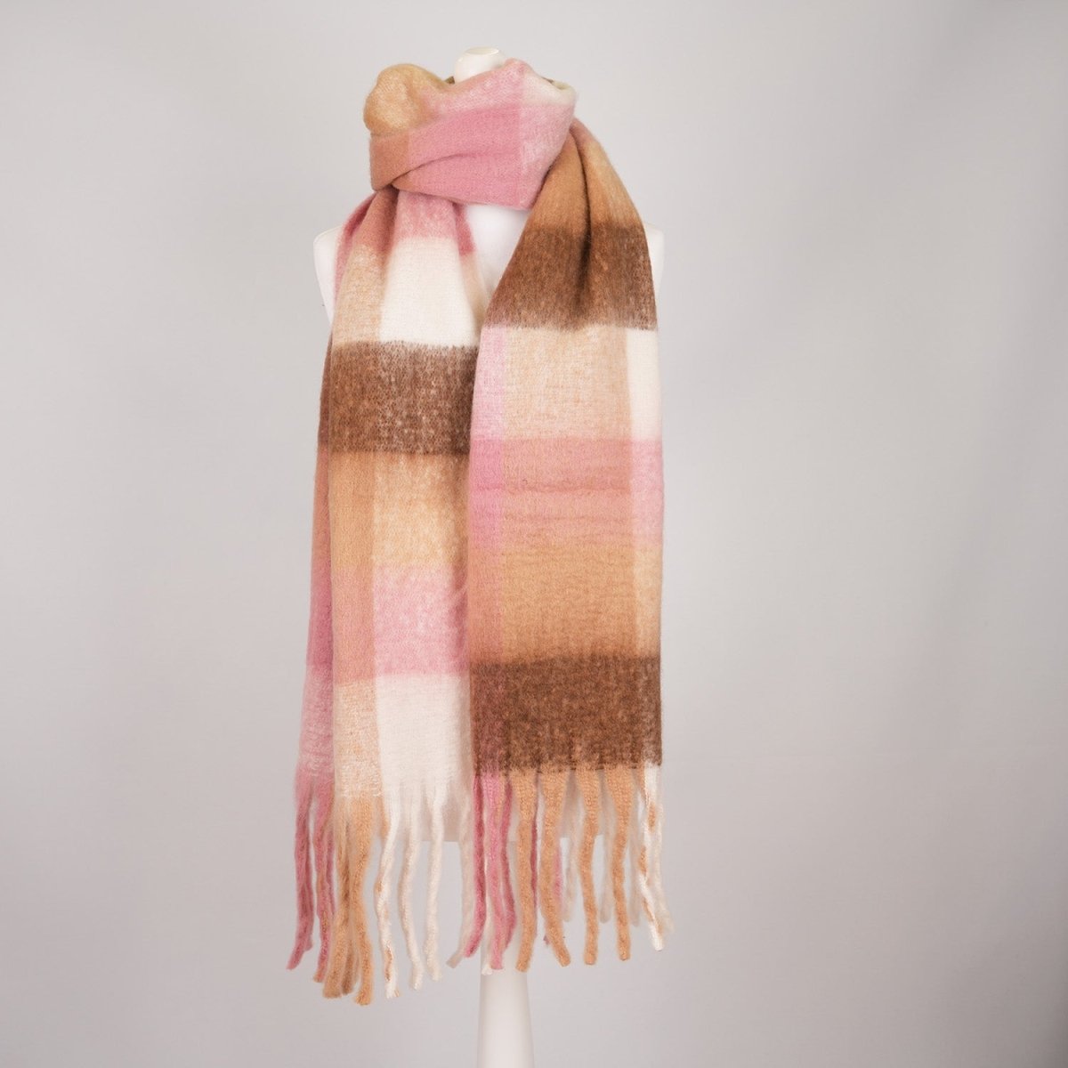 Women’s Soft Check Scarf – Oversized Plaid Winter Wrap with Tassel Fringe - Rose Check - Heritage Of Scotland -