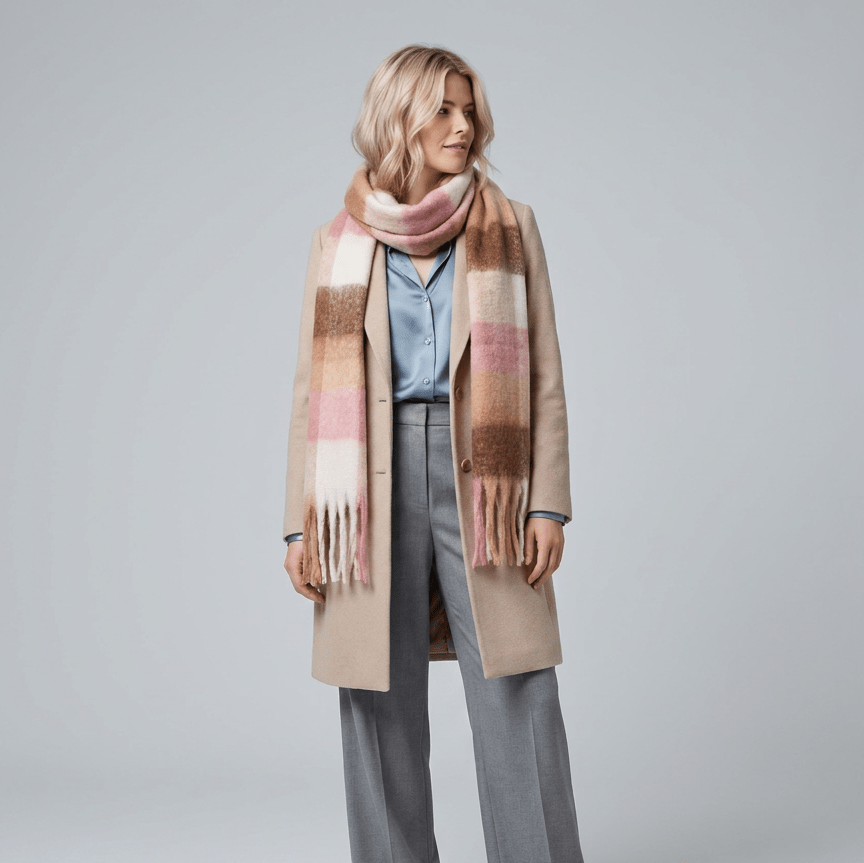 Women’s Soft Check Scarf – Oversized Plaid Winter Wrap with Tassel Fringe - Rose Check - Heritage Of Scotland -