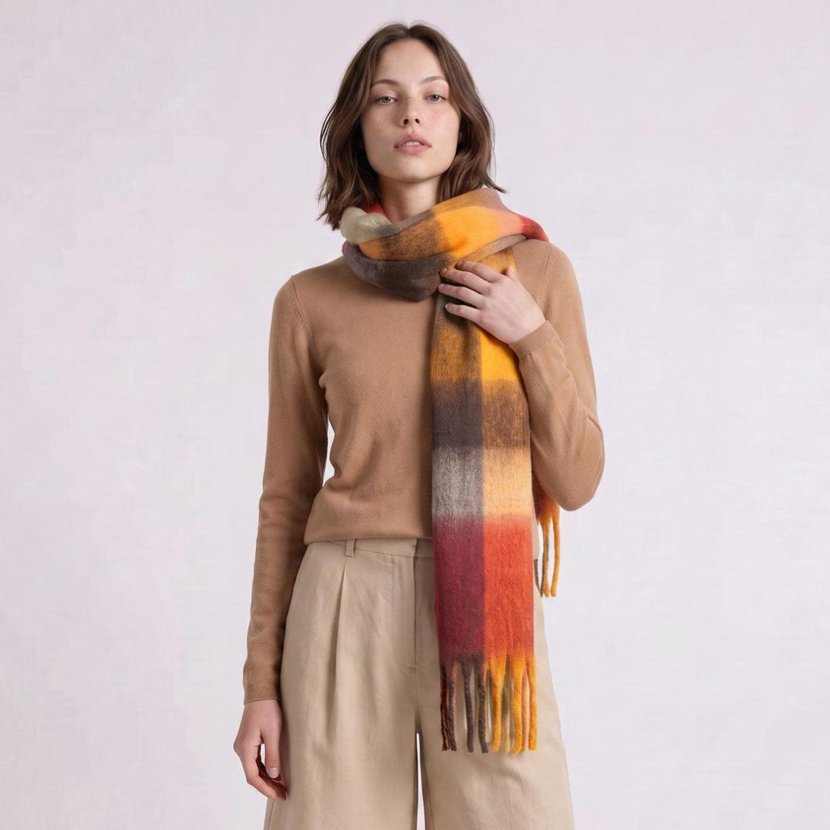 Women’s Soft Check Scarf – Oversized Plaid Winter Wrap with Tassel Fringe - Spice Check - Heritage Of Scotland -