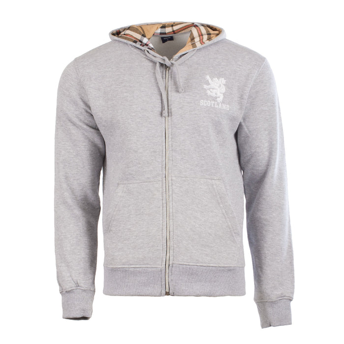 Adults Scotland Lion Zip Top With Tartan Hood Heather Grey/Thomson Camel Tartan