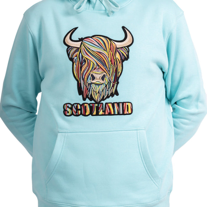 Colourful Highland Cow Embroidered Hood Aqua - Heritage Of Scotland - AQUA