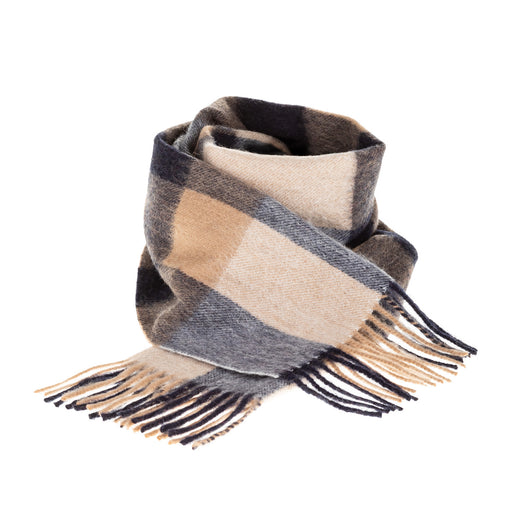 Edinburgh 100% Lambswool Scarf Bursted Check Neutral/Navy - Heritage Of Scotland - BURSTED CHECK NEUTRAL/NAVY