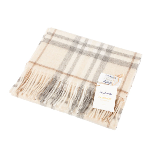 Edinburgh Cashmere Scarf Highlight Check - Olive/Brown/Oyster - Heritage Of Scotland - HIGHLIGHT CHECK - OLIVE/BROWN/OYSTER