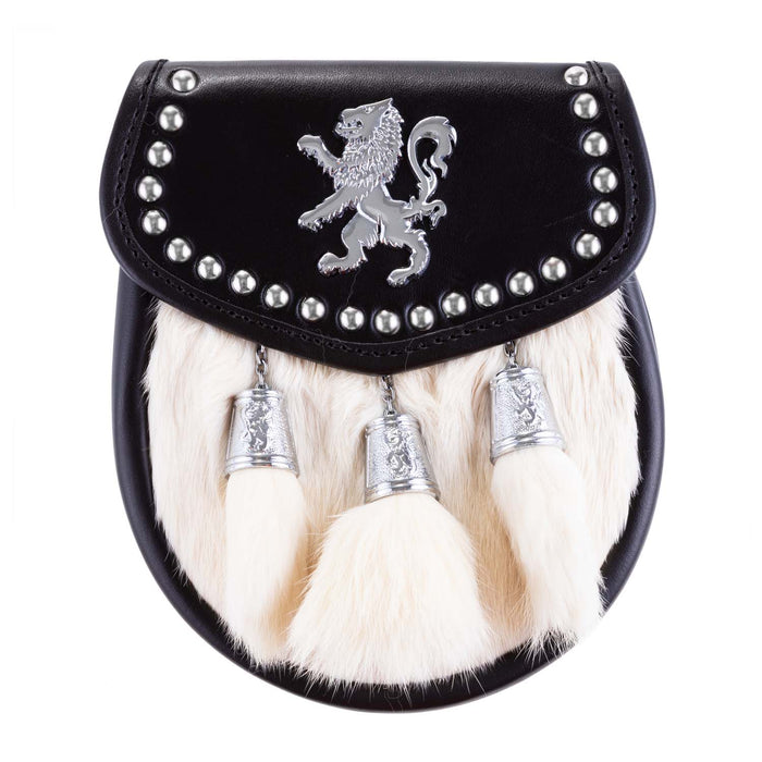 H/D Lion Rampant Studs Sporran Rabbit Fur - Heritage Of Scotland - RABBIT FUR (WHITE)