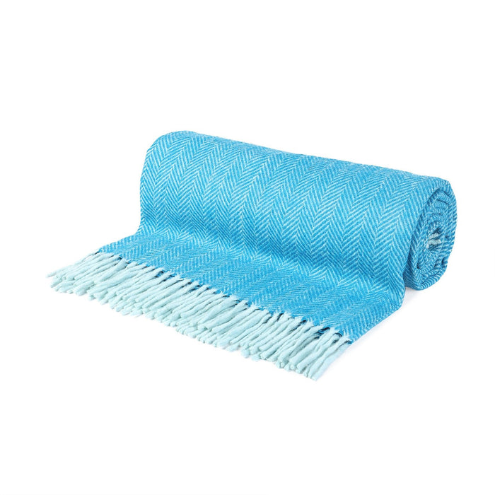 Highland Wool Blend Extra Warm Herringbone Blanket / Throw Turquoise - Heritage Of Scotland - TURQUOISE