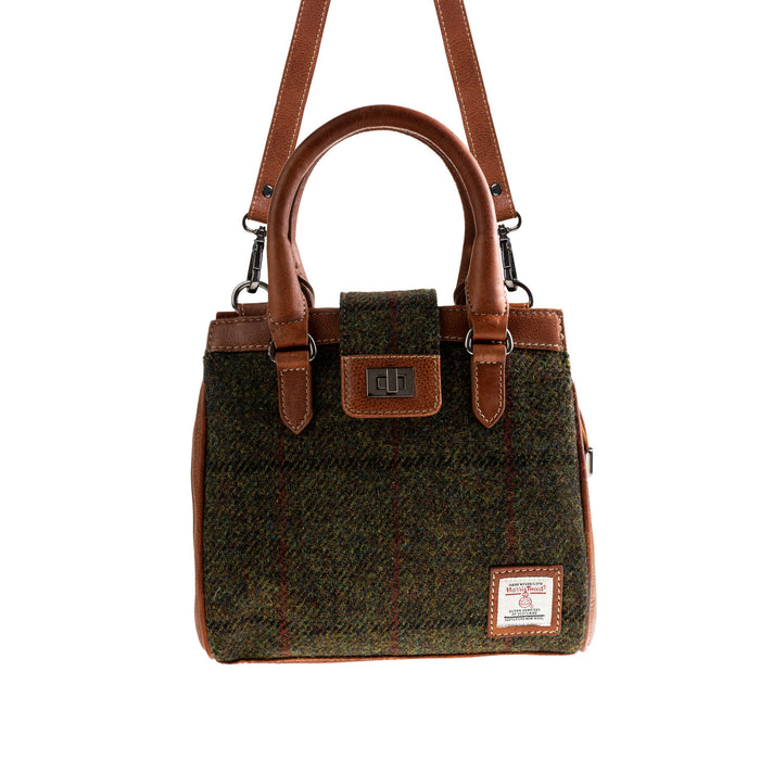Ht Leather Hand Bag With Flap Closer Dark Green Check / Tan - Heritage Of Scotland - DARK GREEN CHECK / TAN