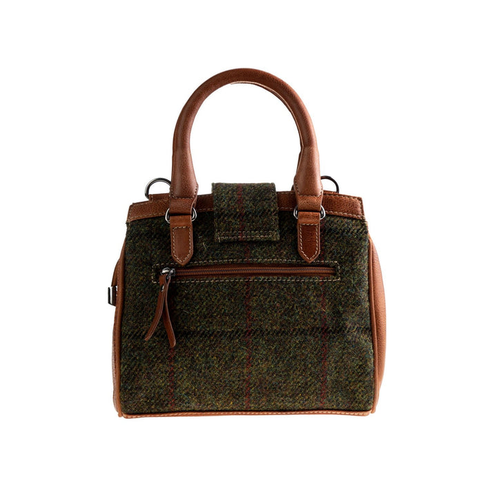 Ht Leather Hand Bag With Flap Closer Dark Green Check / Tan - Heritage Of Scotland - DARK GREEN CHECK / TAN