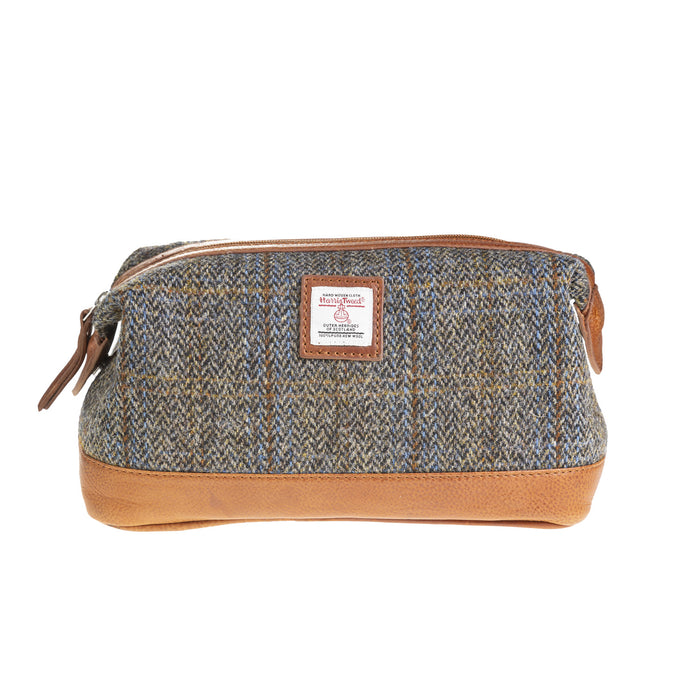 Ht Leather Large Wash Bag Blue & Brown Check Hb / Tan - Heritage Of Scotland - BLUE & BROWN CHECK HB / TAN