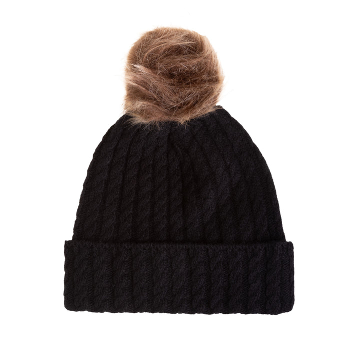 Ladies Cable Lambswool Mix Beanie Pom Black - Heritage Of Scotland - BLACK