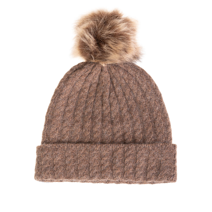 Ladies Cable Lambswool Mix Beanie Pom Brindle - Heritage Of Scotland - BRINDLE