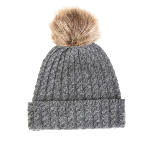 Ladies Cable Lambswool Mix Beanie Pom Charcoal - Heritage Of Scotland - CHARCOAL