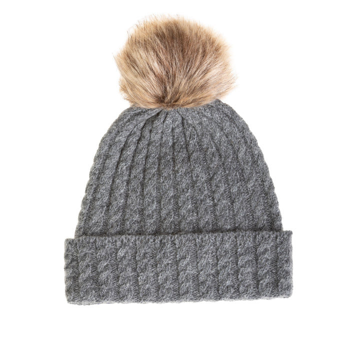 Ladies Cable Lambswool Mix Beanie Pom Charcoal - Heritage Of Scotland - CHARCOAL