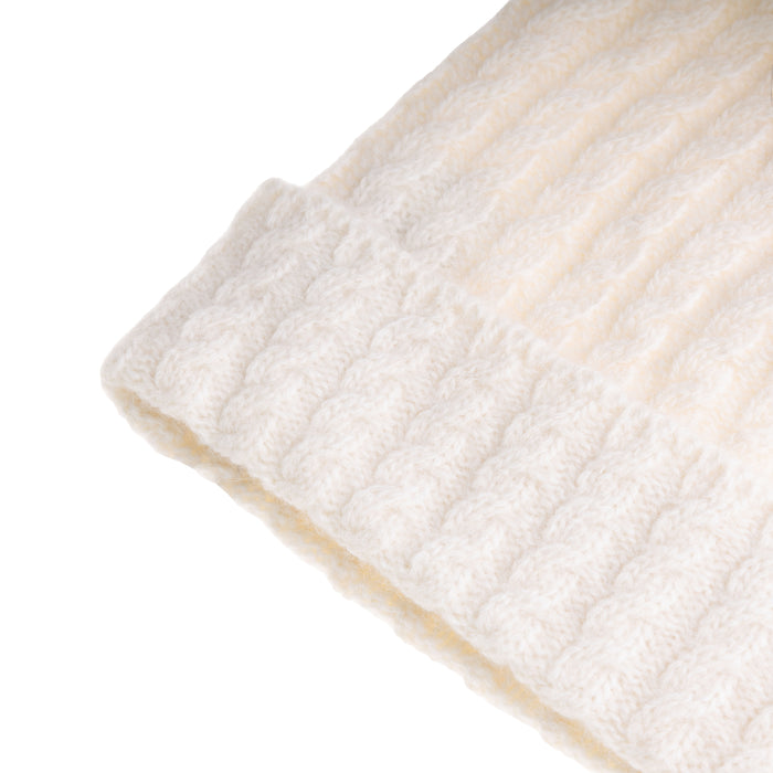 Ladies Cable Lambswool Mix Beanie Pom White - Heritage Of Scotland - WHITE