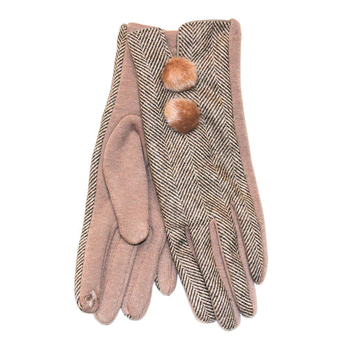 Ladies Herringbone Mini Pom Pom Glove - Heritage Of Scotland - CAMEL