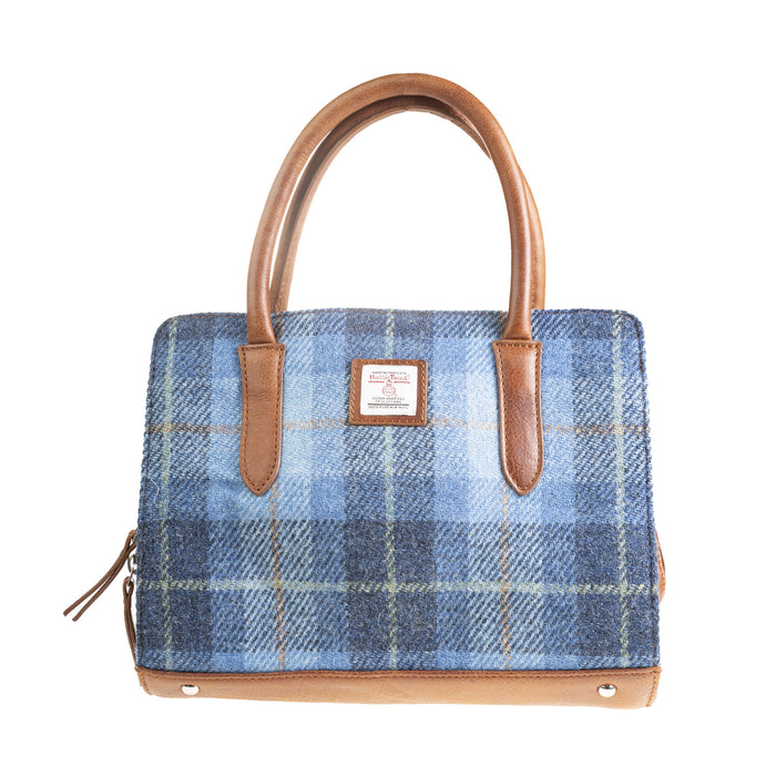 Ladies Ht Leather Hand Bag Blue Check / Tan - Heritage Of Scotland - BLUE CHECK / TAN