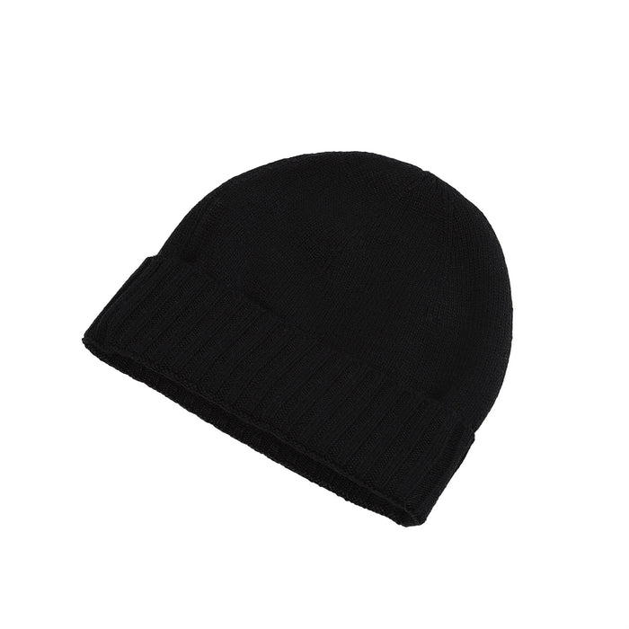 Plain Knit Ladies Beanie Rib Turn Up Black - Heritage Of Scotland - BLACK