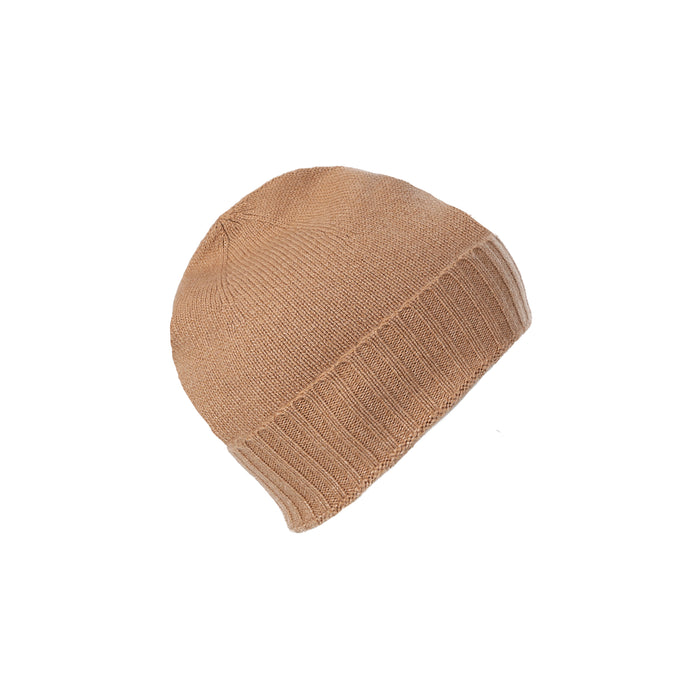 Plain Knit Ladies Beanie Rib Turn Up Camel - Heritage Of Scotland - CAMEL