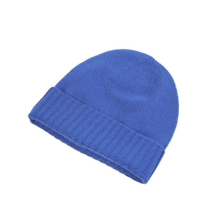 Plain Knit Ladies Beanie Rib Turn Up Cornflower - Heritage Of Scotland - CORNFLOWER