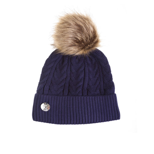 100% Acrylic Cable Pom Hat Fleece Band Navy/Natural Mix - Heritage Of Scotland - NAVY/NATURAL MIX