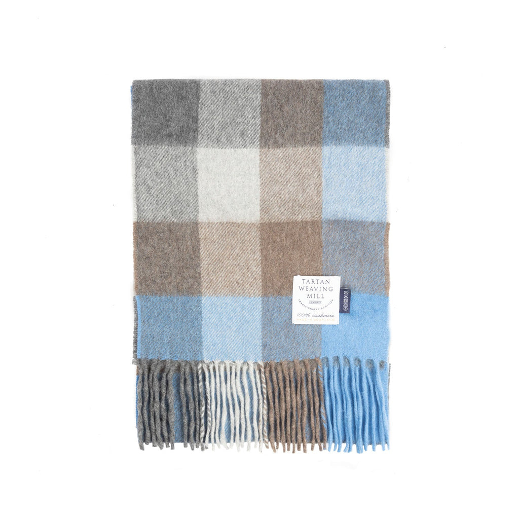 100% Cashmere Check Scarf Cool Azure Block