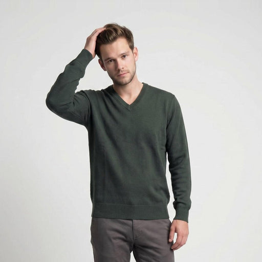 100% Cashmere Gents V Neck Plain Jumper KALE GREEN - Heritage Of Scotland - S