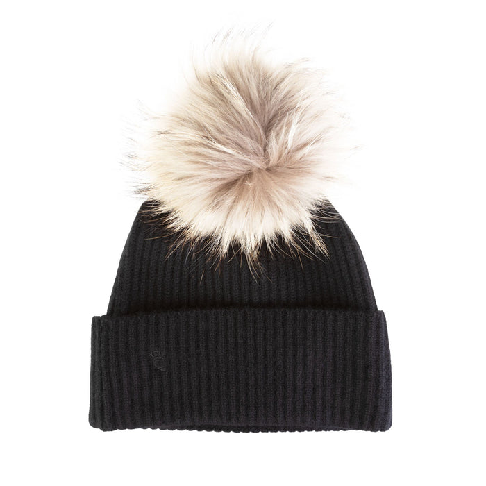 100% Cashmere Ladies Rib Hat With Pom Xl Black/Natural Pom - Heritage Of Scotland - BLACK/NATURAL POM