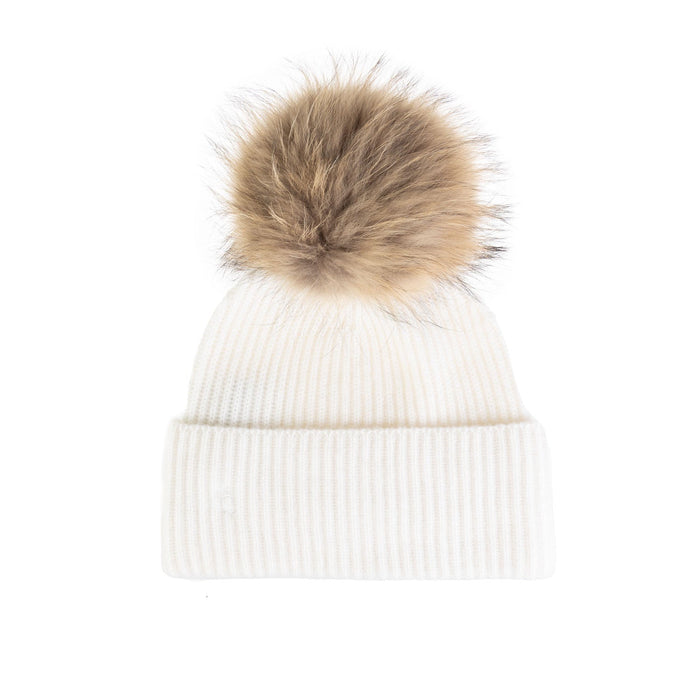 100% Cashmere Ladies Rib Hat With Pom Xl Cloud Dancer/Natural Pom - Heritage Of Scotland - CLOUD DANCER/NATURAL POM