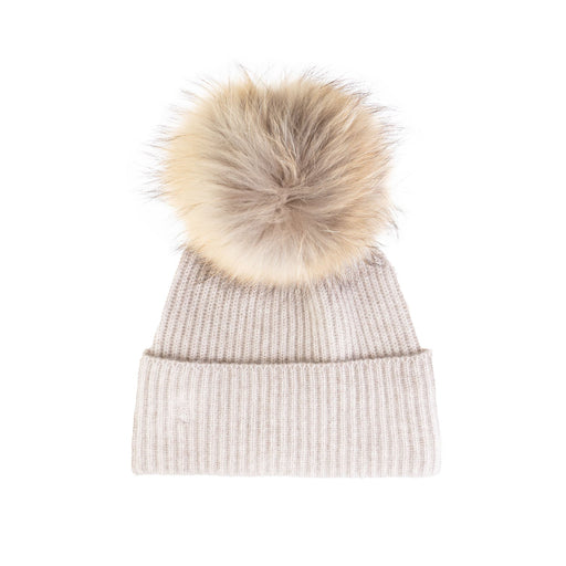 100% Cashmere Ladies Rib Hat With Pom Xl Lightweight Beige/Natural Pom - Heritage Of Scotland - LIGHTWEIGHT BEIGE/NATURAL POM